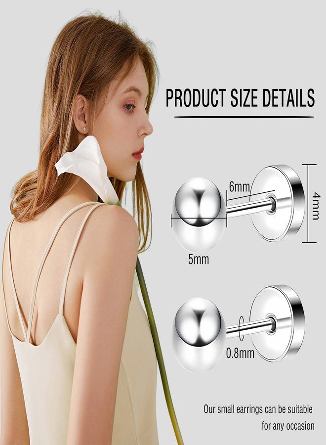 ZDE Women Flat Back Ball Stud Earrings Titanium Hypoallergenic Earrings Stud for Sensitive Ears Simple Classic Flat Stud Earring Perfect for Helix Tragus Cartilage Earlobe (Silver, 5MM) - Image 2